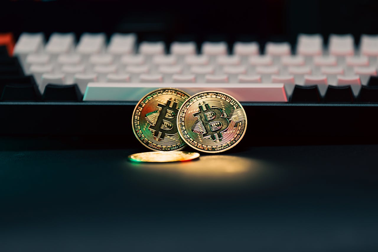 Crypto currency blockchain coins computer keyboard 